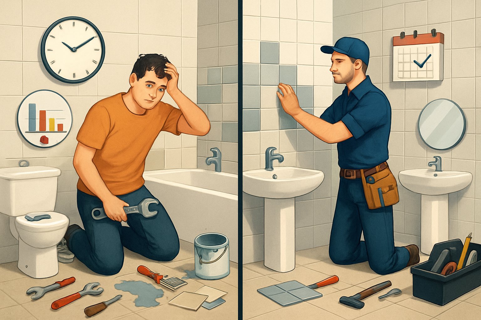 Split scene showing a homeowner doing DIY bathroom remodeling with tools and some mistakes on one side, and a professional contractor working efficiently on a modern bathroom on the other side.