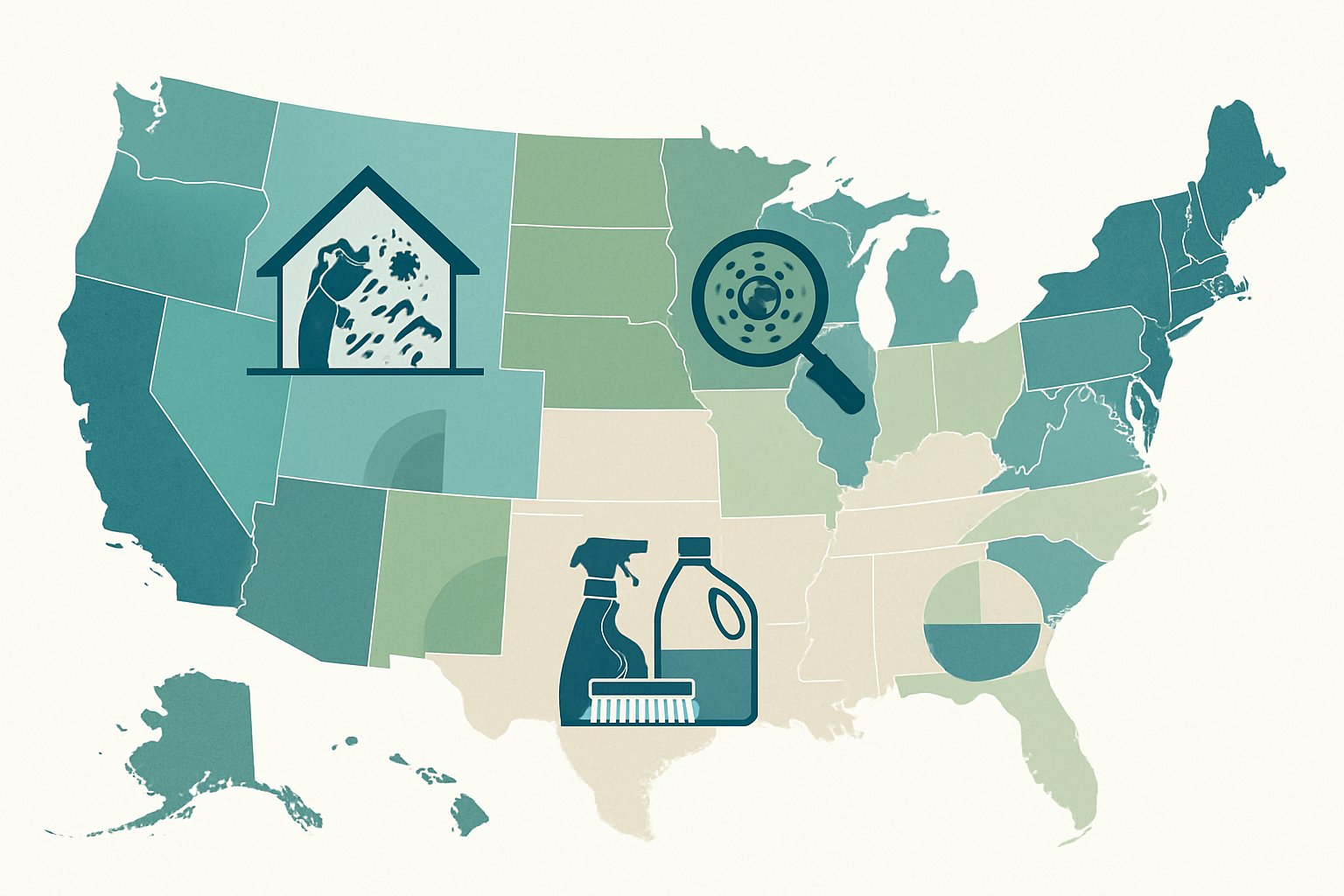 Map of the United States divided into regions with color shading and icons representing mold removal activities and cost differences.