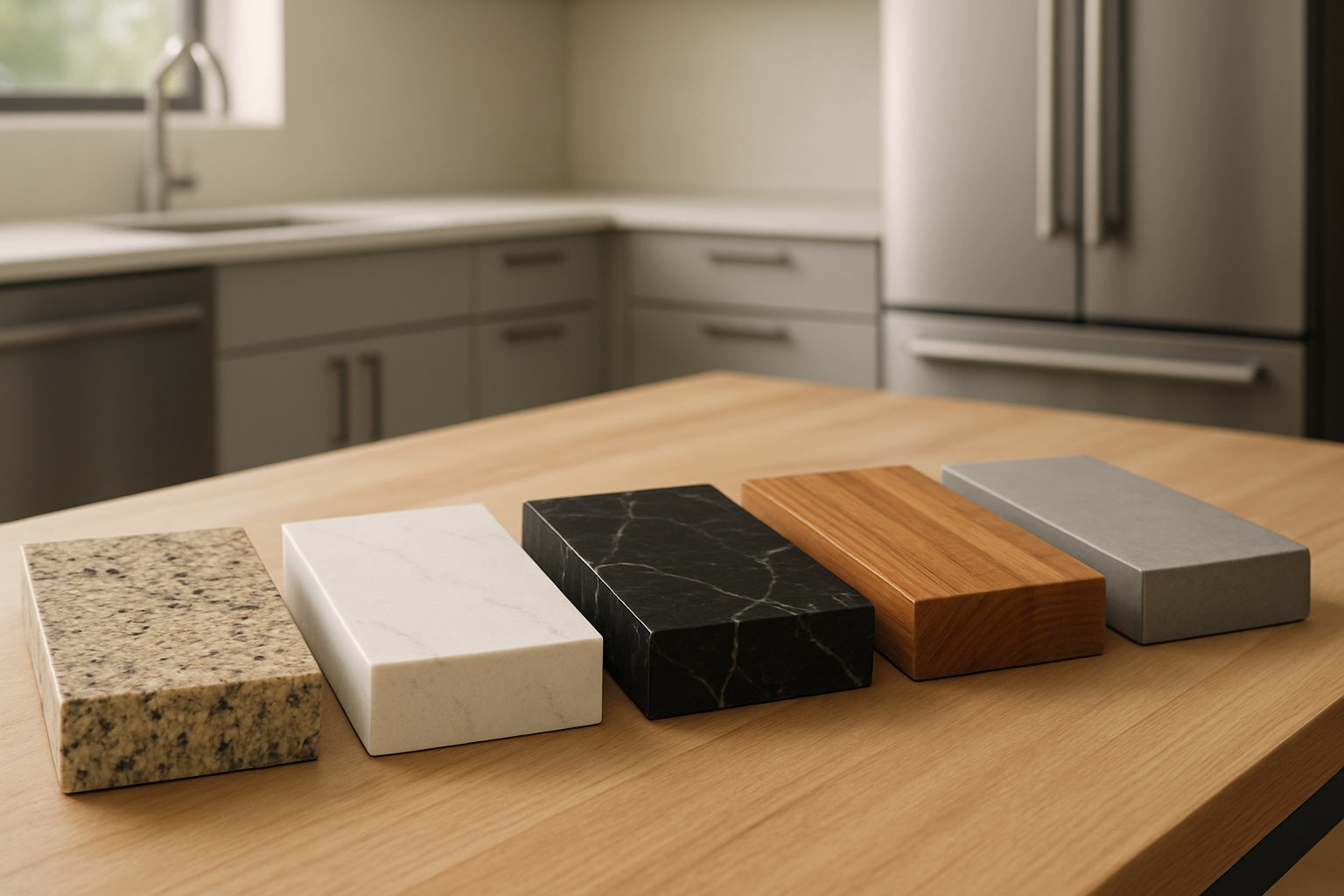 A kitchen countertop display showing samples of granite, quartz, marble, wood, and concrete materials arranged on a wooden table in a modern kitchen.