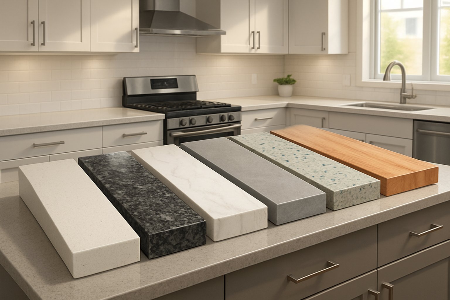 A modern kitchen island displaying various durable and stylish countertop materials including quartz, granite, marble, concrete, recycled glass, and wood, set in a contemporary kitchen environment.