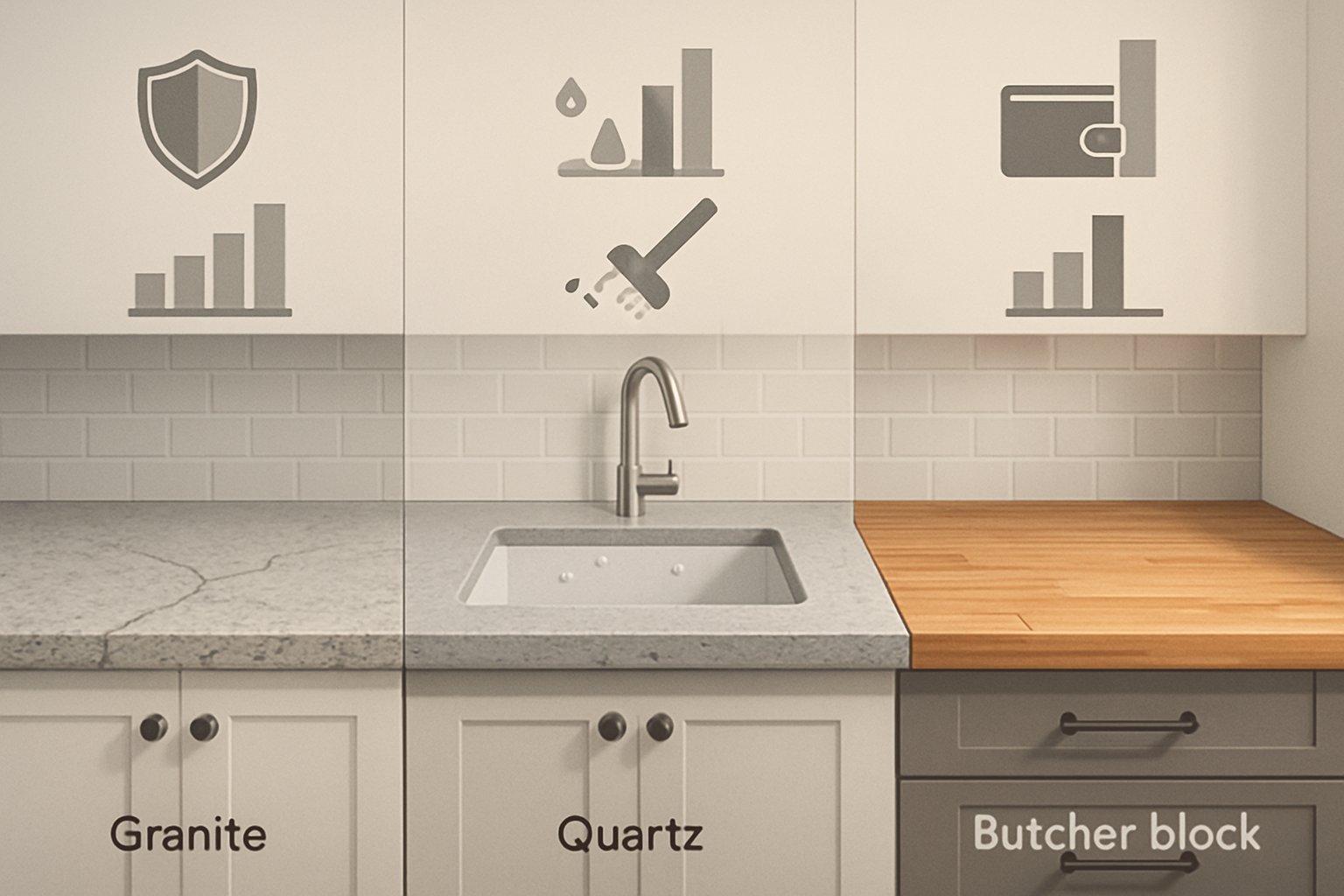 A kitchen scene showing three different countertop materials side by side with icons and graphics representing their durability, maintenance, and cost.
