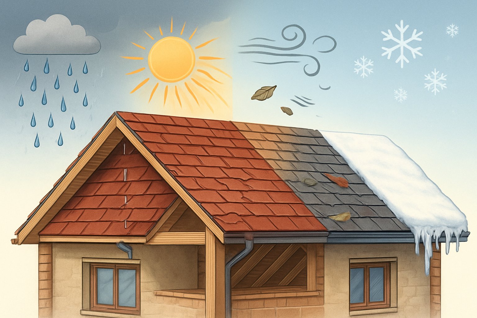 A house roof shown in four sections, each affected by rain, sun, wind, and snow, illustrating different types of weather damage.