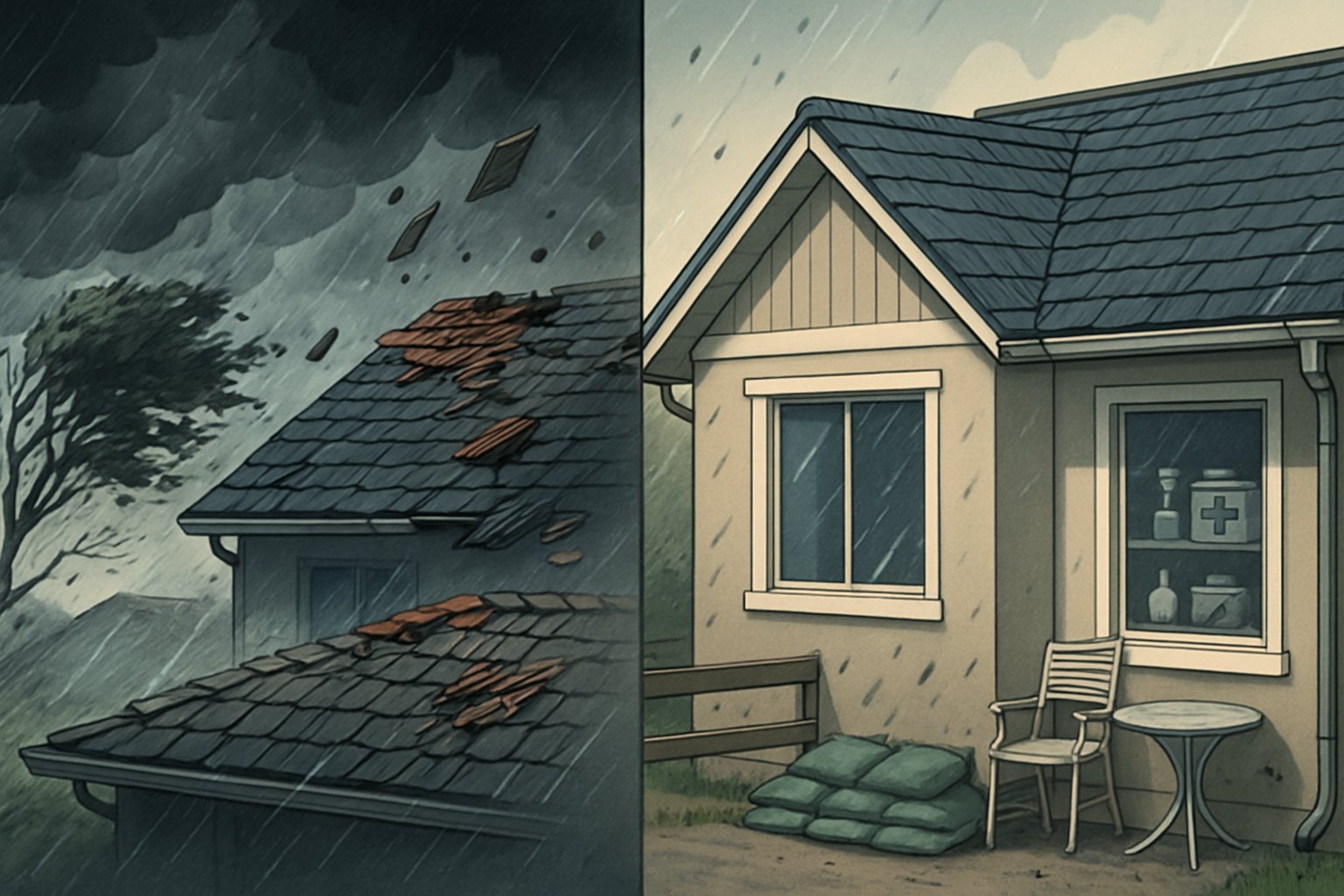 A house showing roof damage from a storm with strong winds and dark clouds on one side, and a well-prepared house with a reinforced roof and secured outdoor items on the other side.