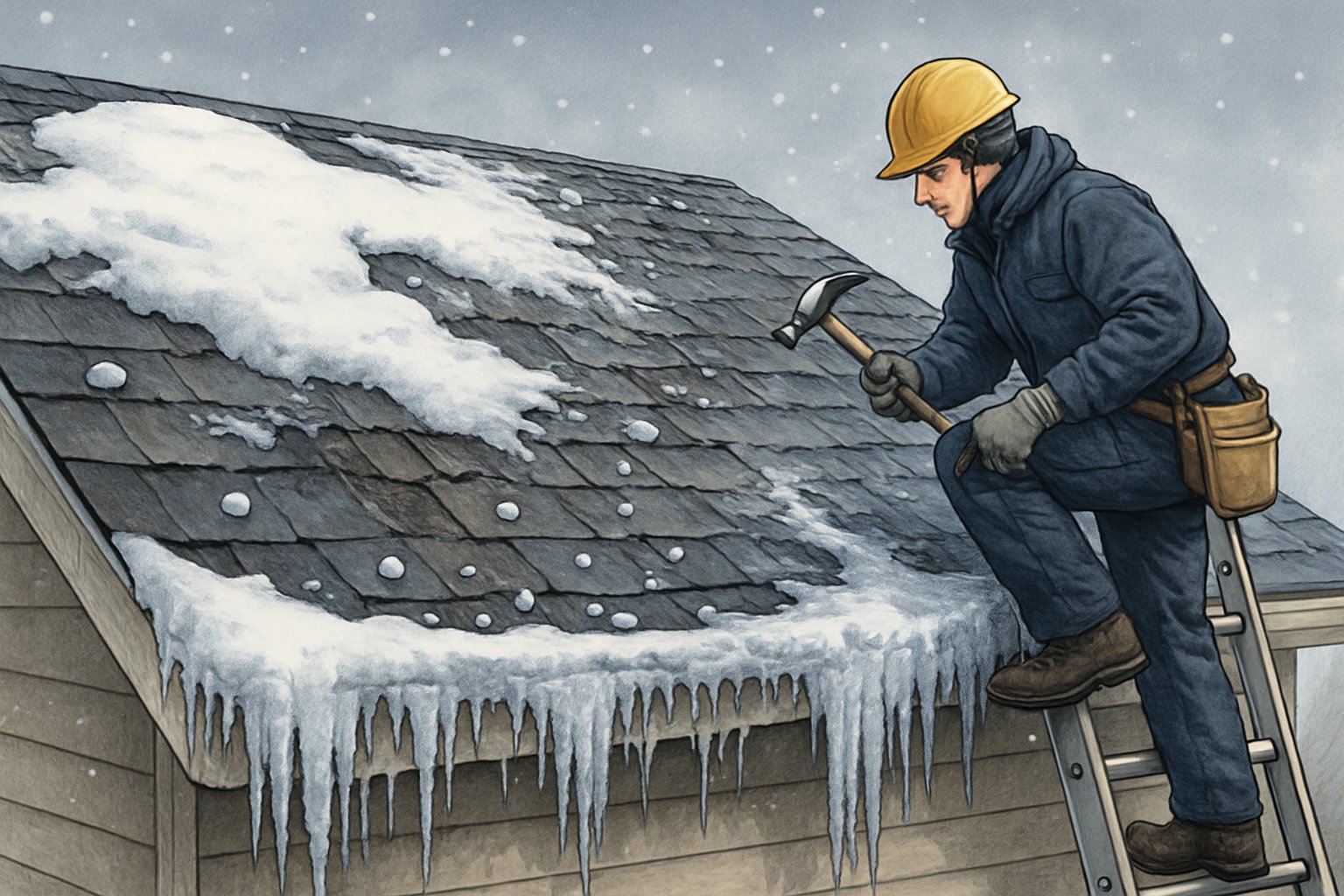 A house roof covered with snow, ice, and hail showing damage, with a person inspecting it on a cold winter day.