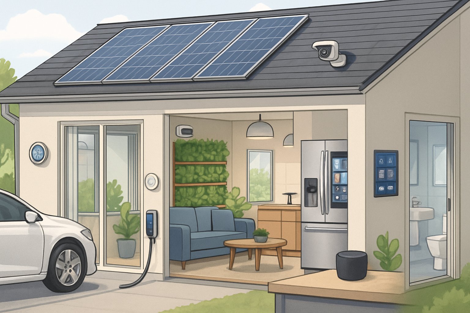 A modern home showing various smart upgrades like solar panels, electric car charging, smart thermostat, security cameras, indoor garden, and home automation devices.