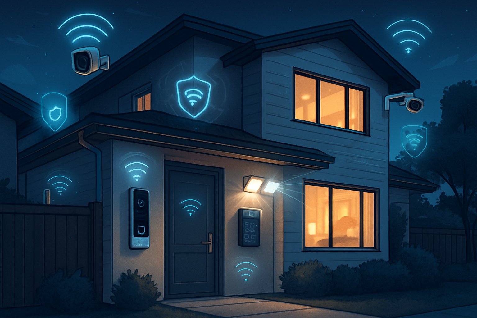 A modern two-story house with smart security devices such as cameras, video doorbell, smart locks, and motion sensor lights, indicating advanced home security upgrades.