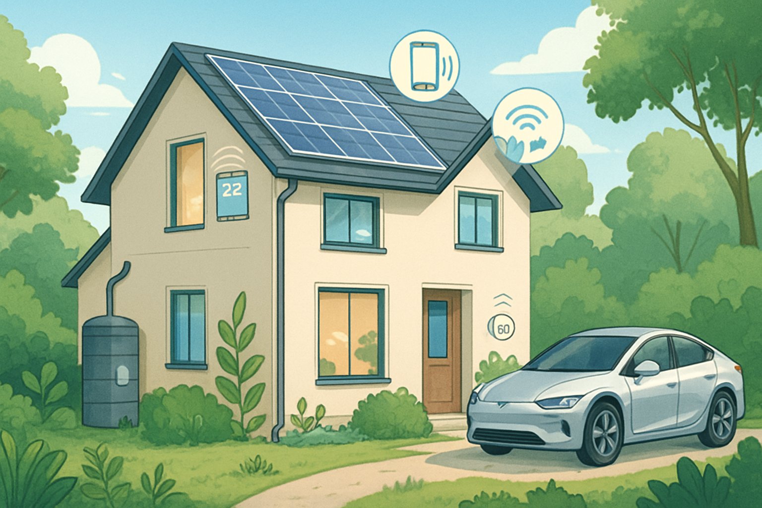 A modern eco-friendly house with solar panels, energy-efficient windows, a smart thermostat, rainwater harvesting system, and an electric vehicle charging outside.