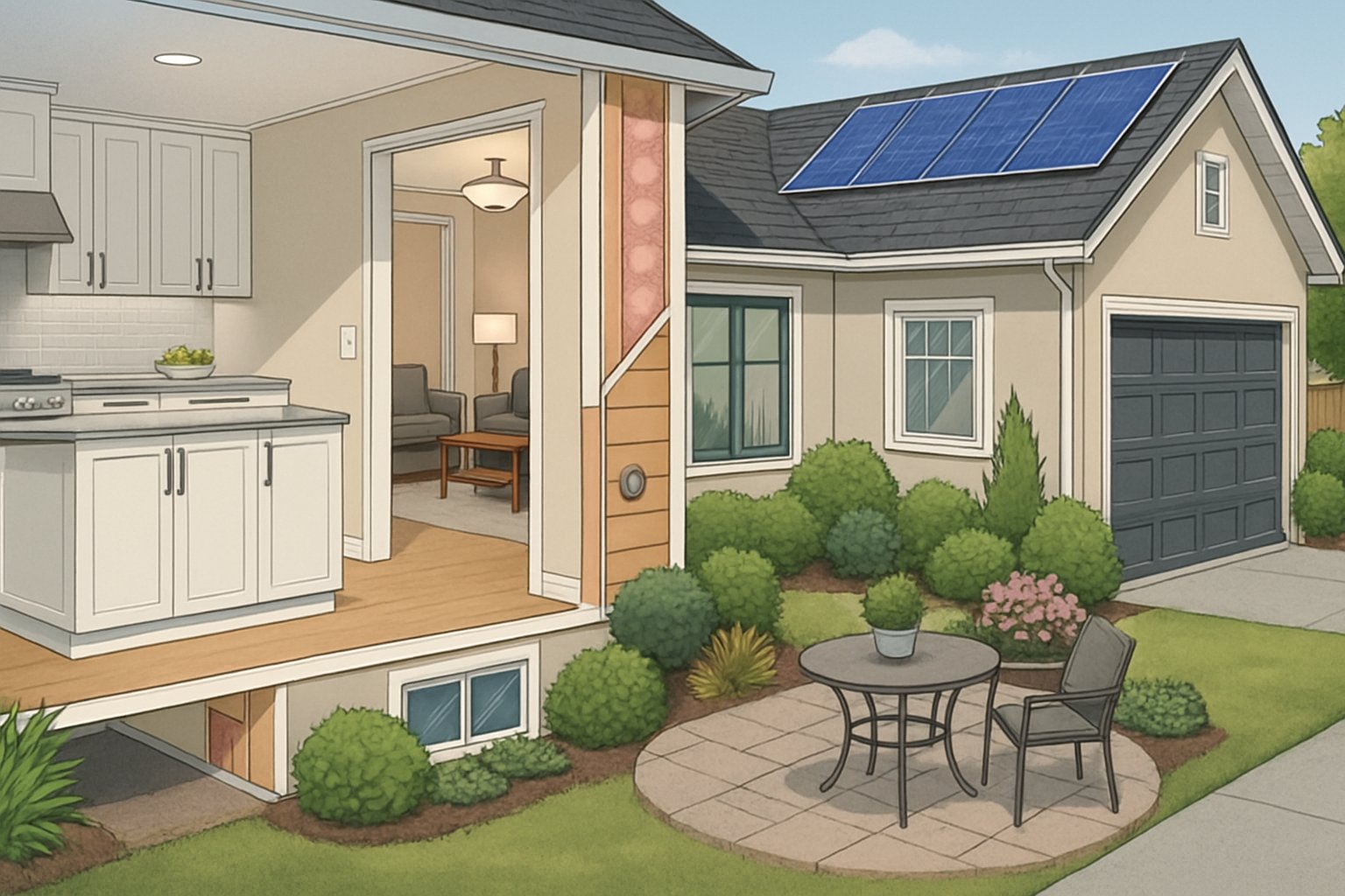 A detailed view of a house showing ten home improvements including a renovated kitchen, painted living room, home office, landscaped garden, patio, solar panels, energy-efficient windows, new front and garage doors, smart devices, and insulation.