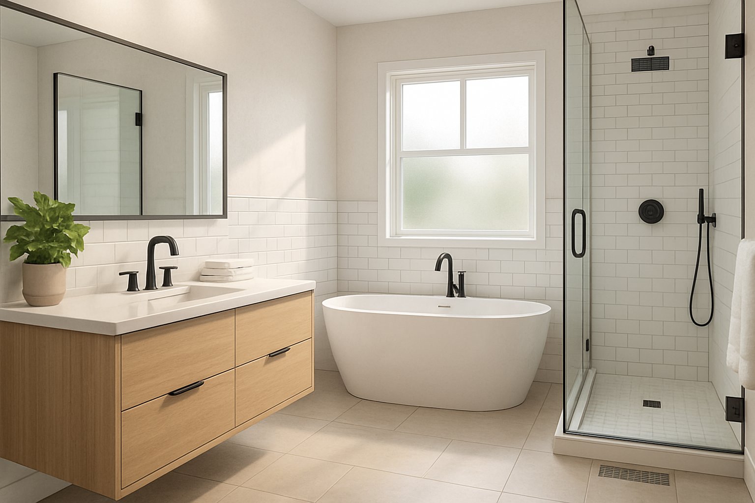 A modern bathroom with updated fixtures including a freestanding bathtub, walk-in shower, wall-mounted vanity, and natural light coming through a window.