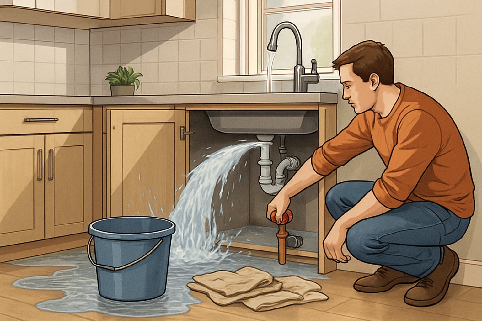 A person turning off the main water valve in a kitchen with water leaking from a broken pipe under the sink, with a bucket and towels on the floor.