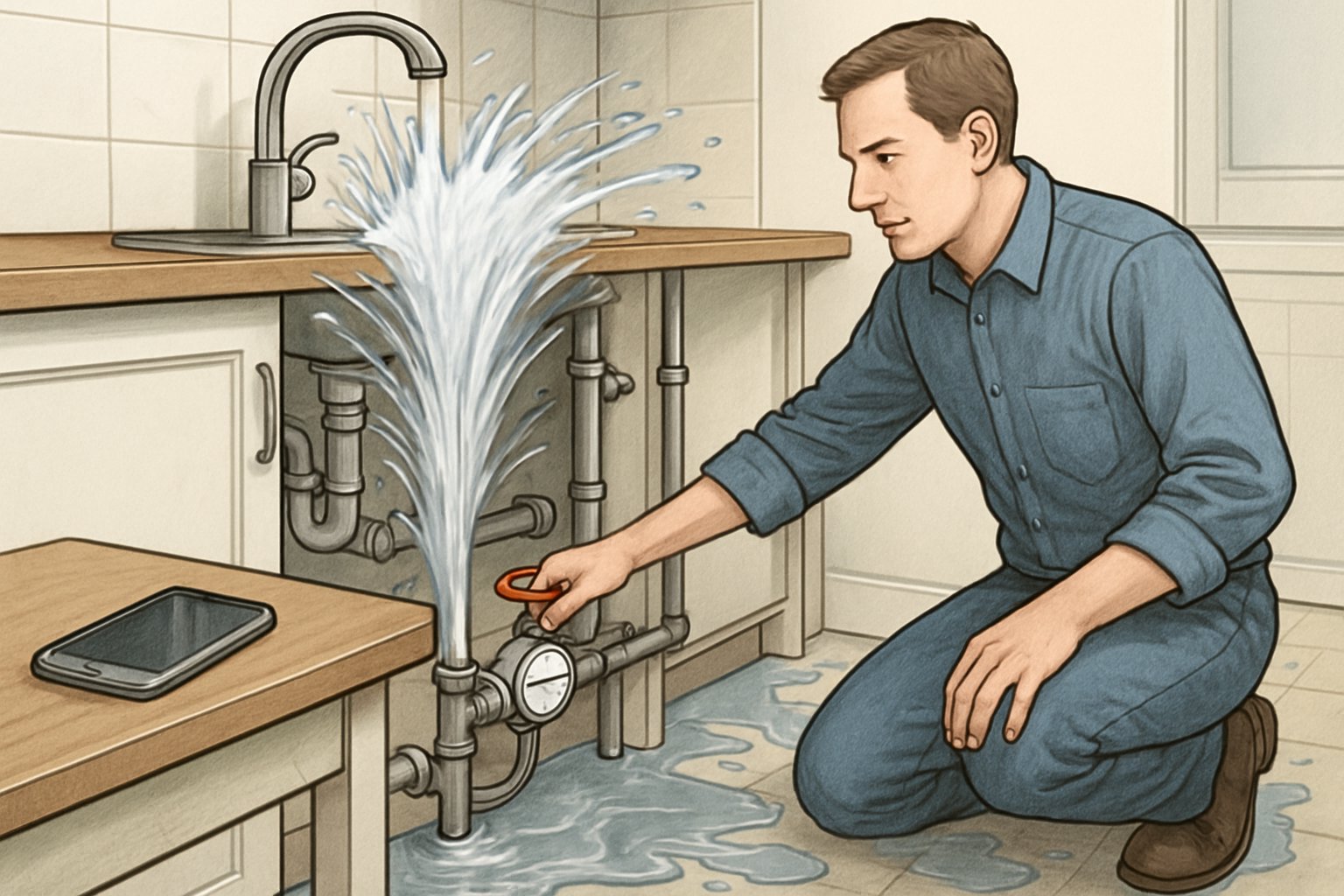 A person turning off a water valve under a sink while water sprays from a burst pipe, with a phone nearby on a countertop.