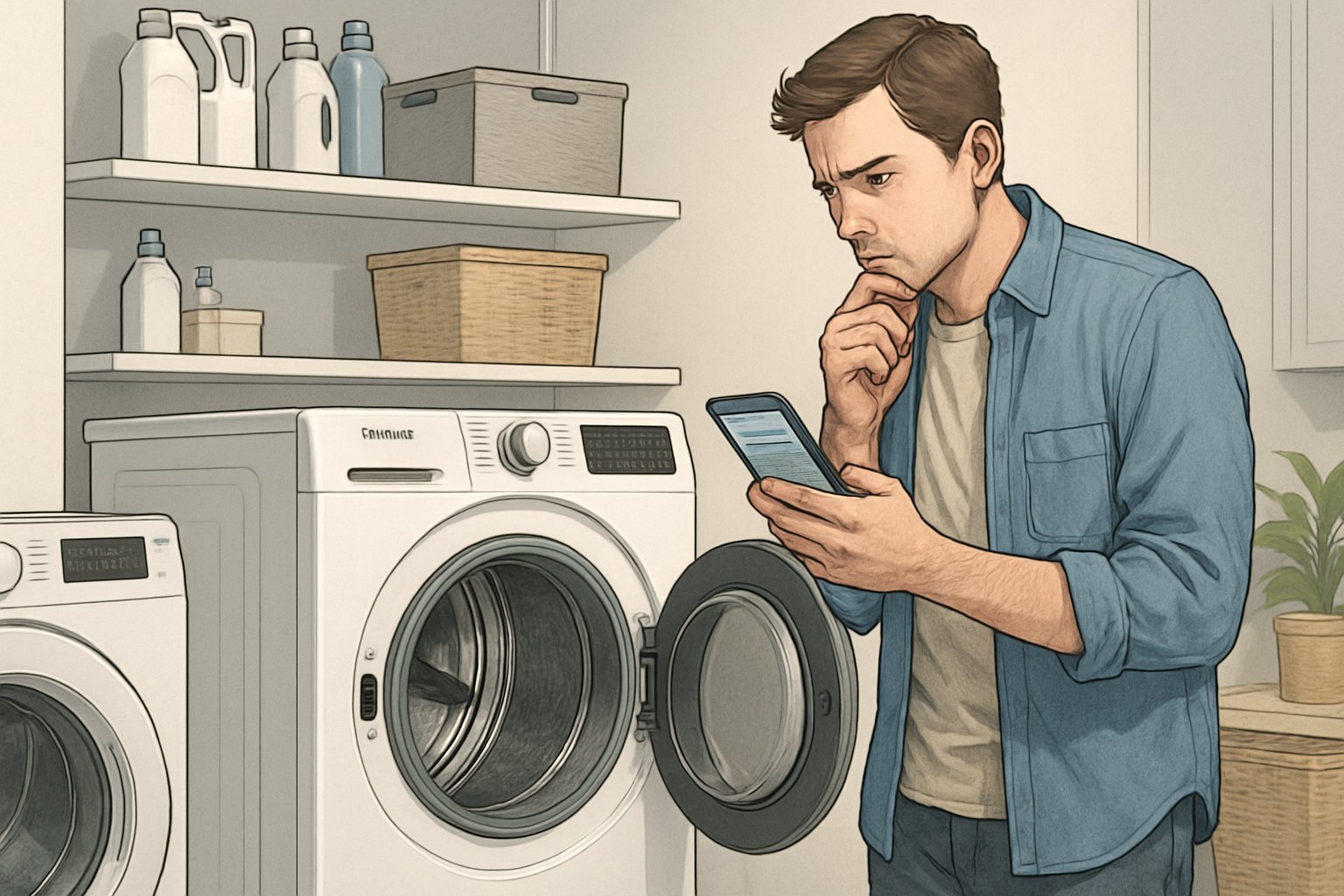A person examining a Samsung dryer in a laundry room, holding a smartphone while looking concerned.
