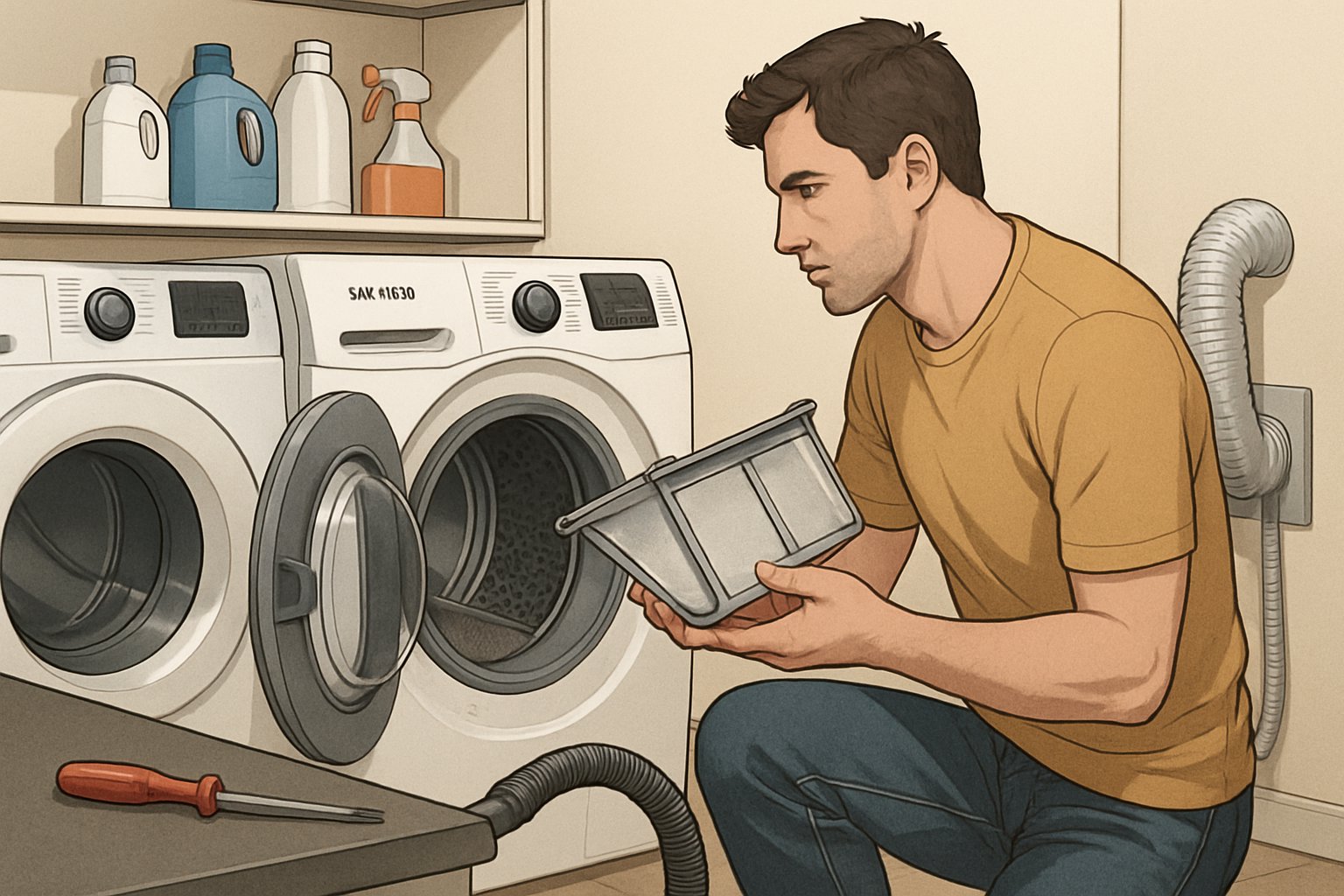 A person cleaning the lint filter of a Samsung dryer in a laundry room, with tools and a vent hose nearby.