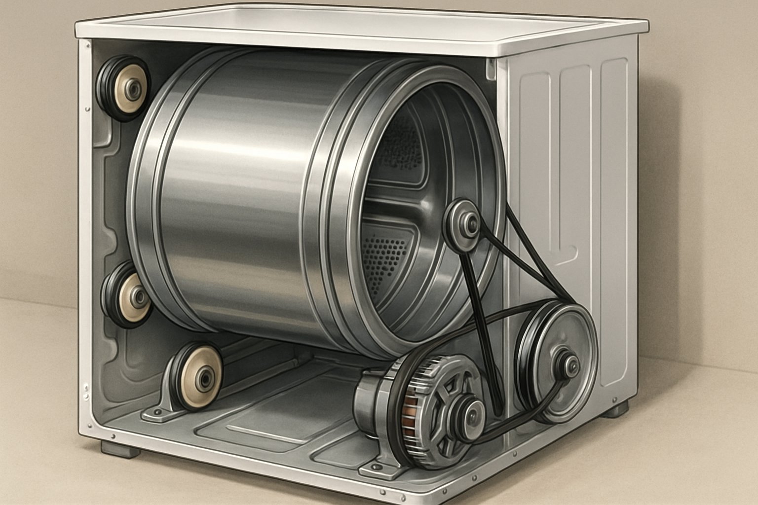 An open Samsung dryer showing the drum, rollers, and motor inside for repair.