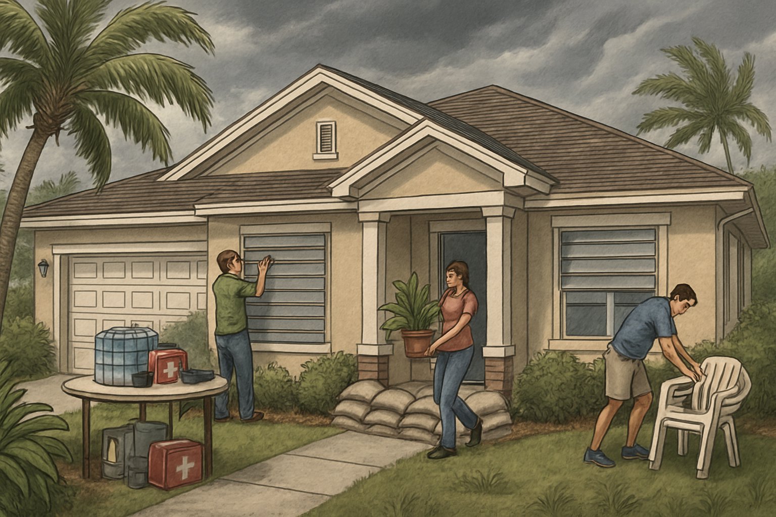 A family securing their Tampa home with storm shutters and sandbags as dark storm clouds gather overhead.