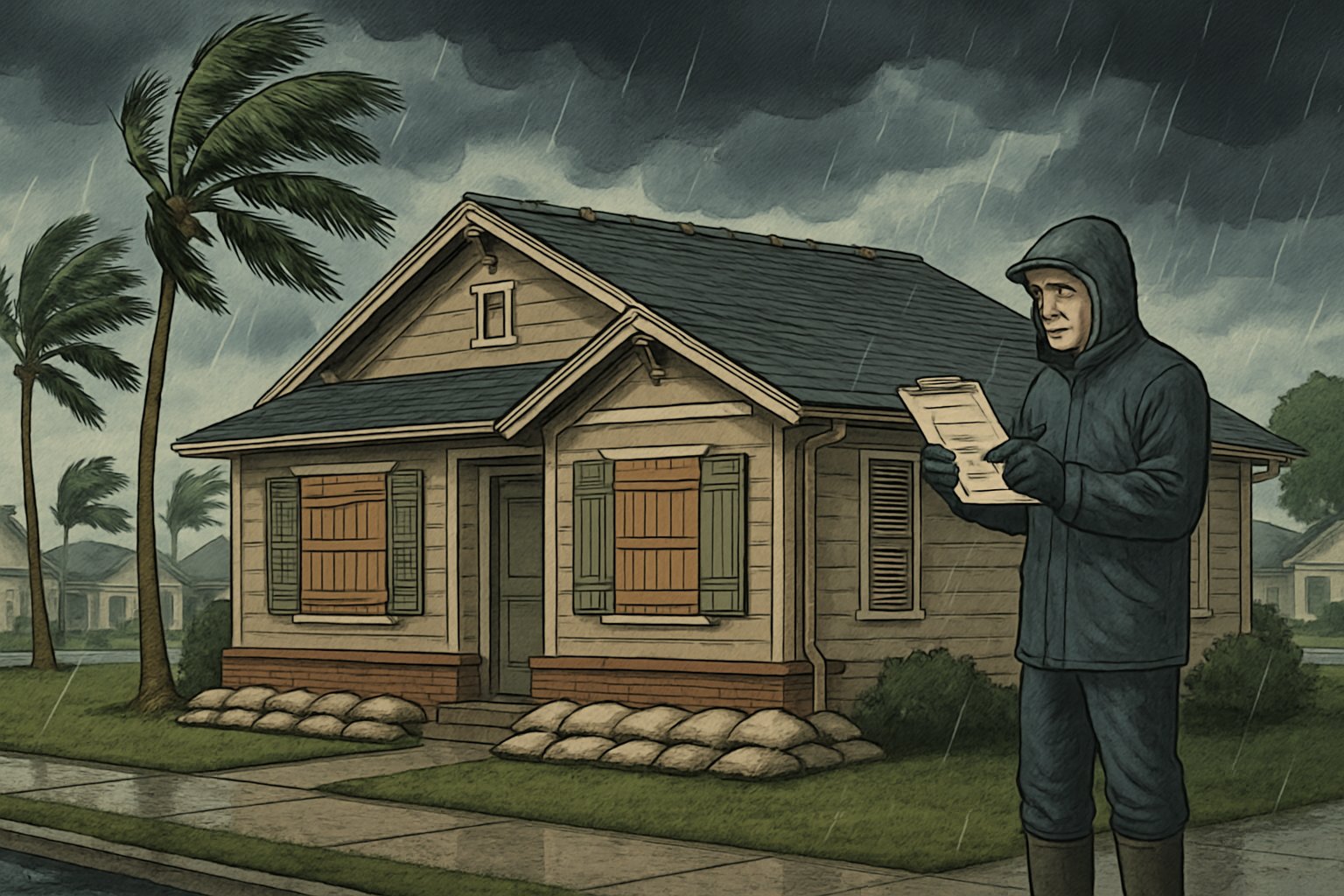 A suburban home in Tampa being prepared for hurricane season with storm shutters, sandbags, and a homeowner inspecting the property under dark storm clouds.