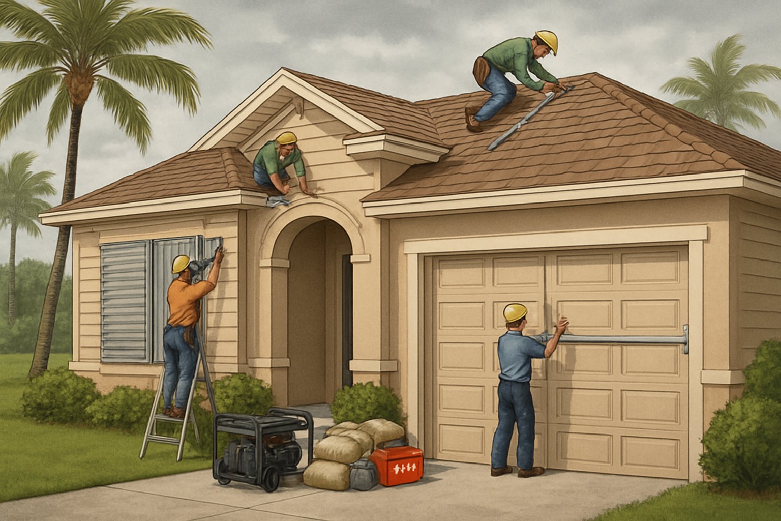 A suburban house with workers installing storm shutters and securing the roof, surrounded by palm trees and hurricane preparedness supplies.