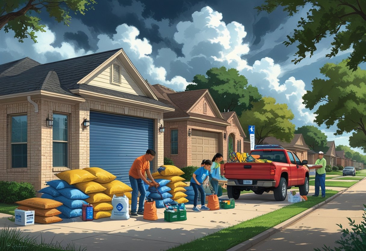 A family preparing their home and supplies for an approaching storm in a Texas neighborhood with dark clouds gathering in the sky.