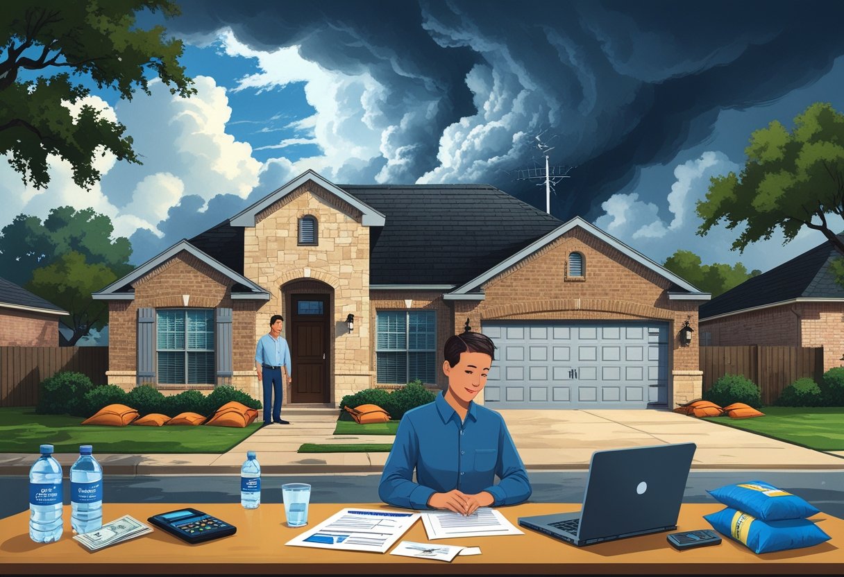 A family outside their home preparing for a storm with emergency supplies and insurance documents on a table nearby, dark storm clouds gather in the sky.