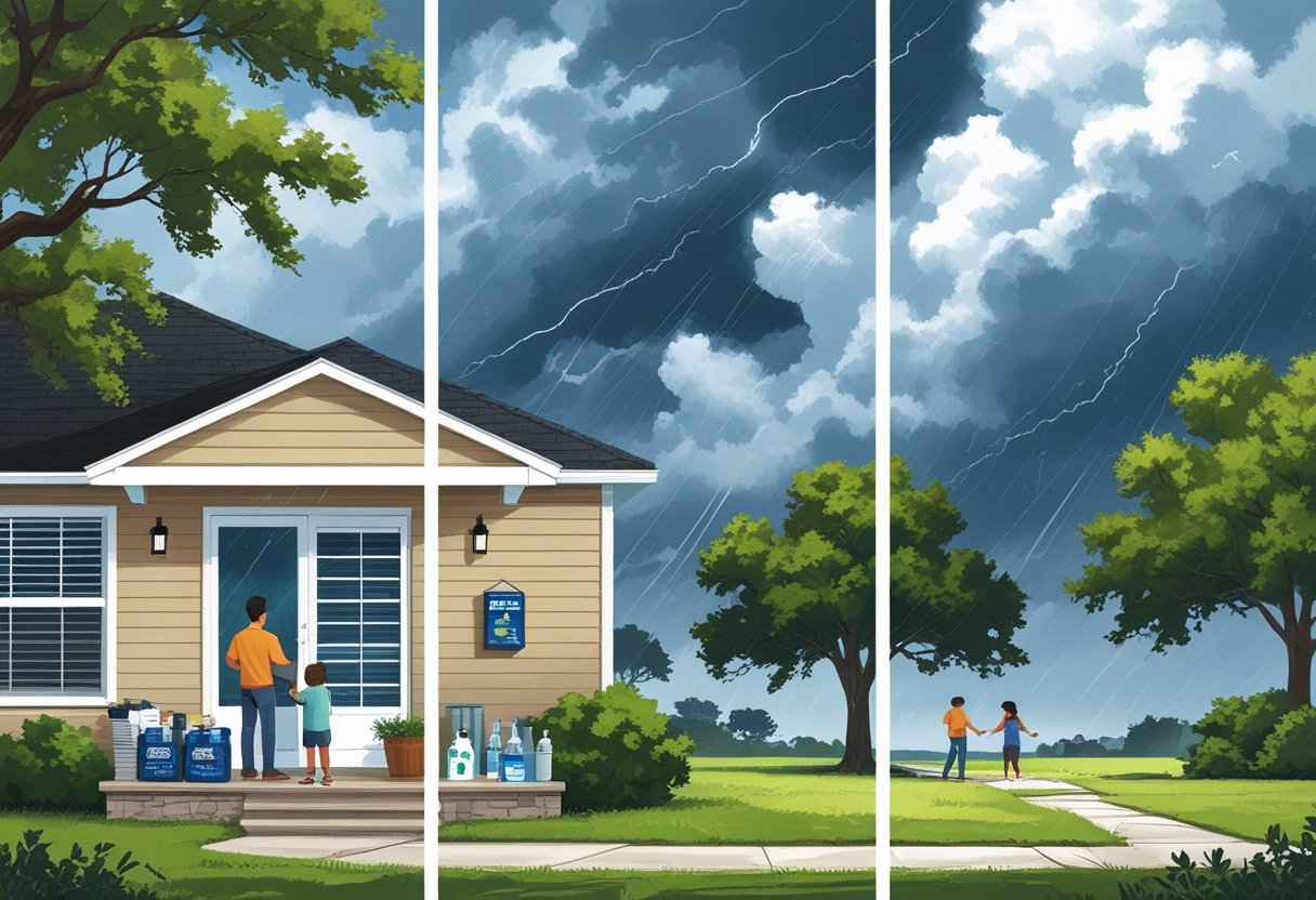 A family preparing for a storm inside their home, a storm occurring outside with strong winds and rain, and the family assessing minor damage after the storm with a brightening sky.