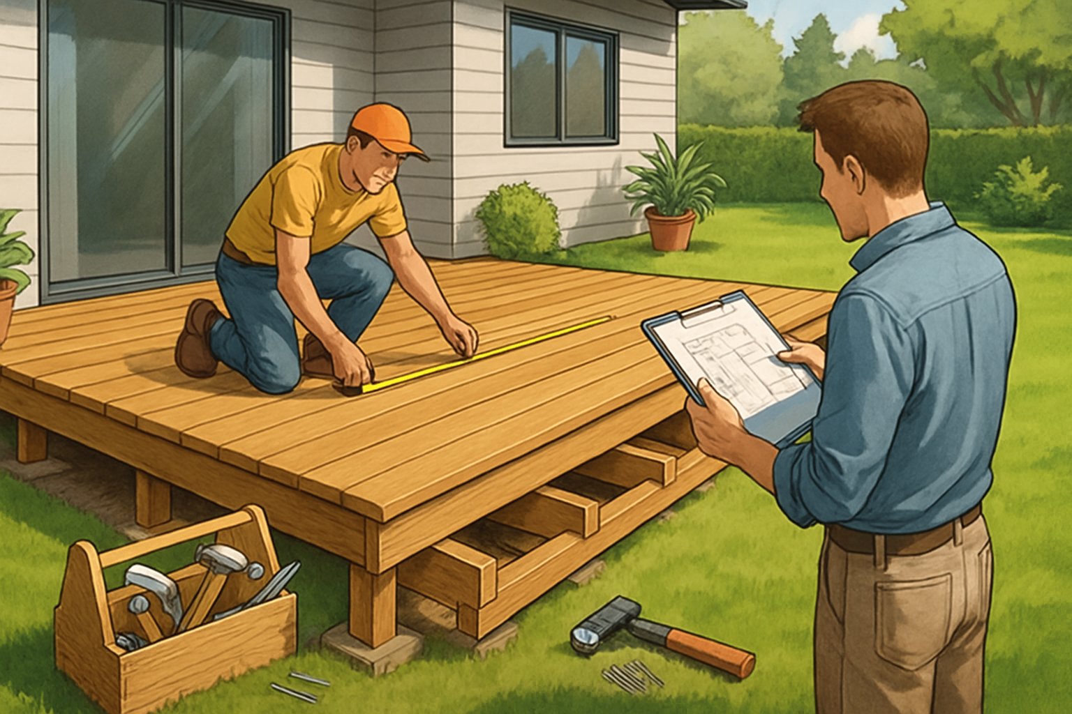 A wooden deck attached to a house with people measuring and reviewing plans, surrounded by a landscaped backyard.