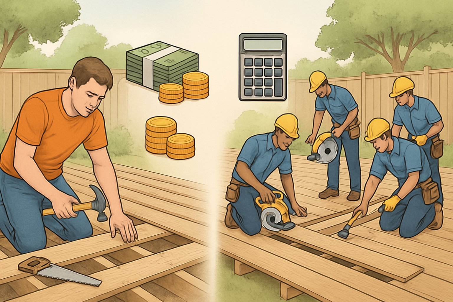 A split scene showing a homeowner building a deck on one side and professional workers installing a deck on the other, with symbols representing cost comparison and a backyard setting.
