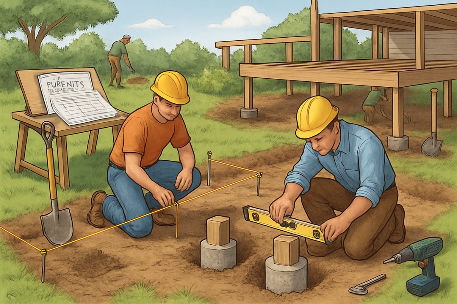 Construction site showing workers preparing the ground and installing a deck foundation with tools and blueprints nearby.