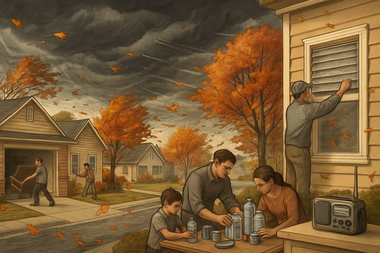 A neighborhood in Missouri with dark storm clouds and autumn leaves blowing as people prepare their homes for a fall storm.