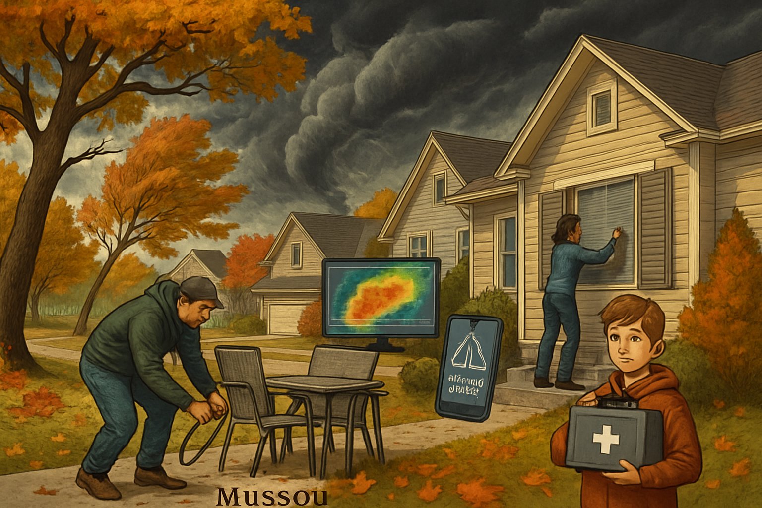 A suburban neighborhood with autumn trees and dark storm clouds gathering as a family secures their home and prepares for an approaching fall storm.