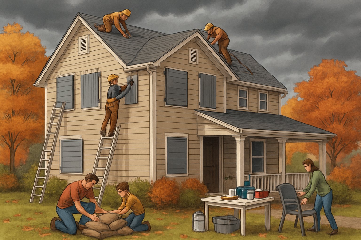 A suburban home with people securing windows and placing sandbags outside as dark clouds gather overhead during fall.