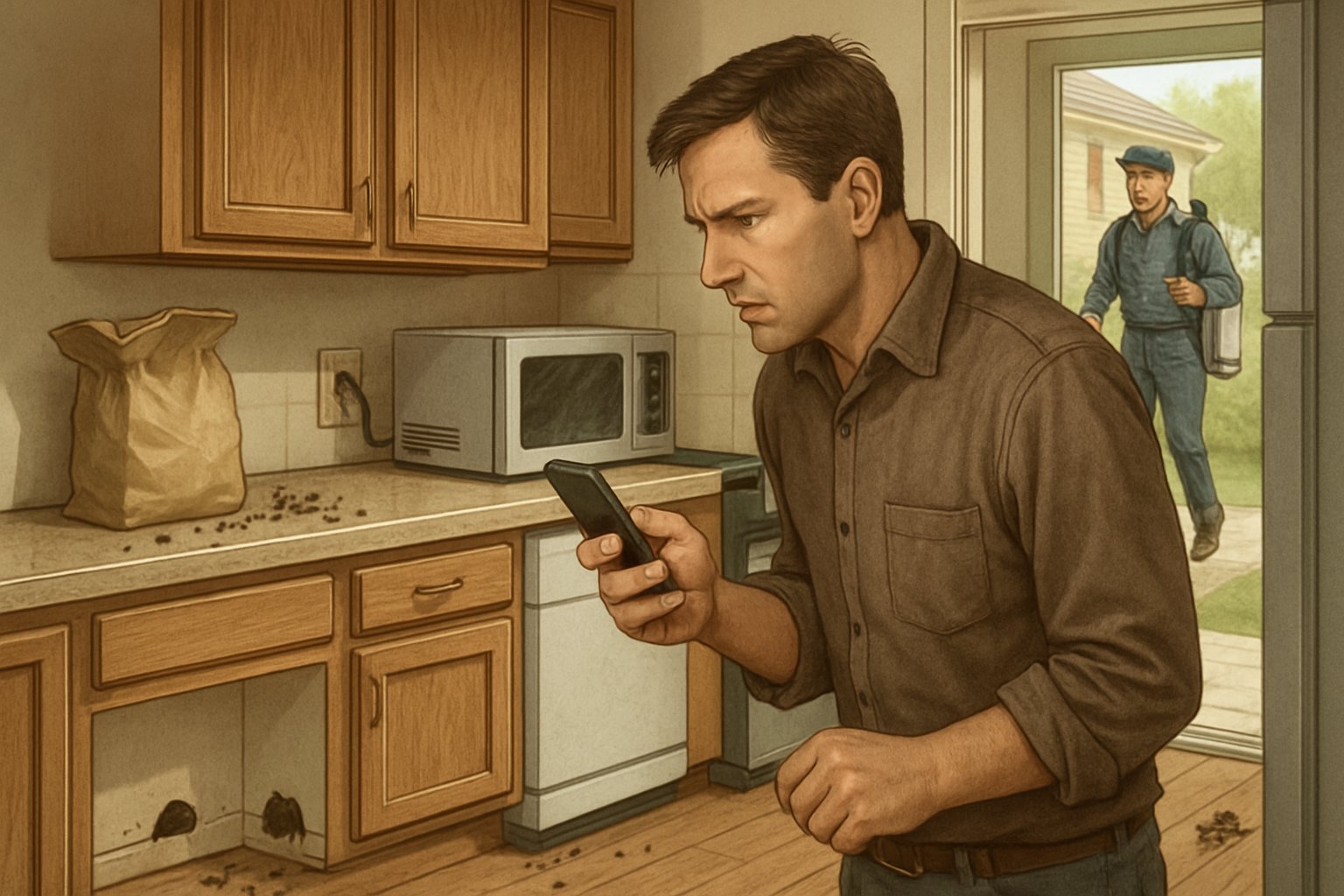 A homeowner notices signs of mice infestation in a kitchen while a pest control professional approaches the house.