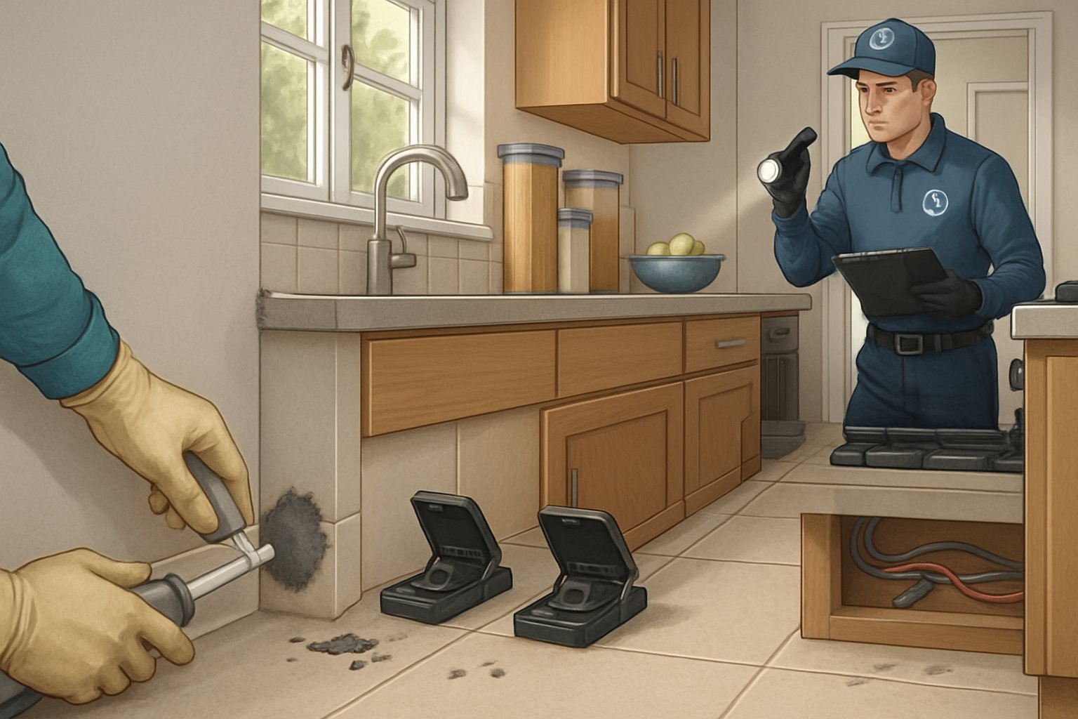 A person setting mouse traps and sealing holes in a kitchen while a pest control professional inspects the area.