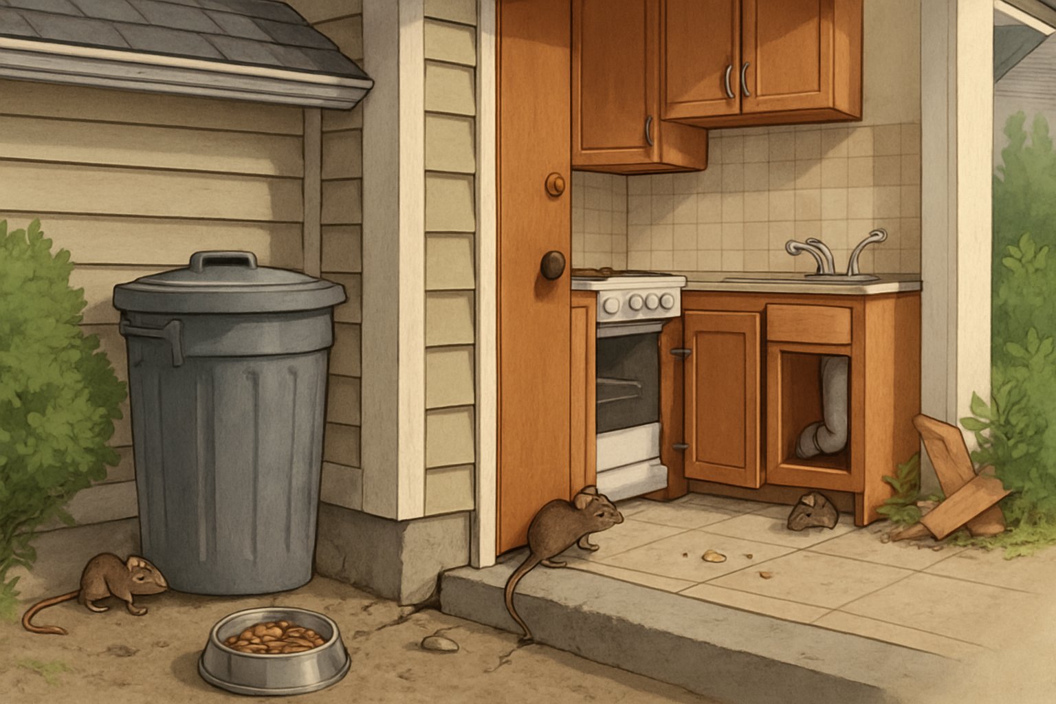 Cross-section illustration of a house showing mice attracted by food and entering through cracks and gaps into the kitchen area.