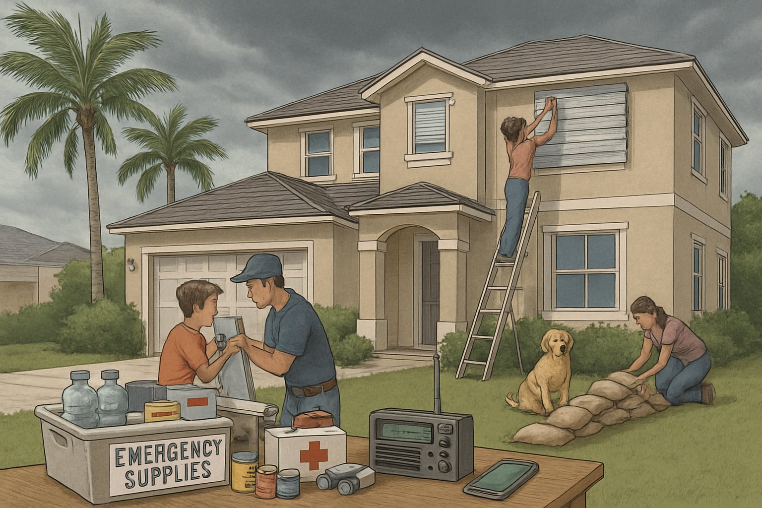 A family preparing their Florida home for a hurricane with shutters, emergency supplies, sandbags, and storm clouds approaching.