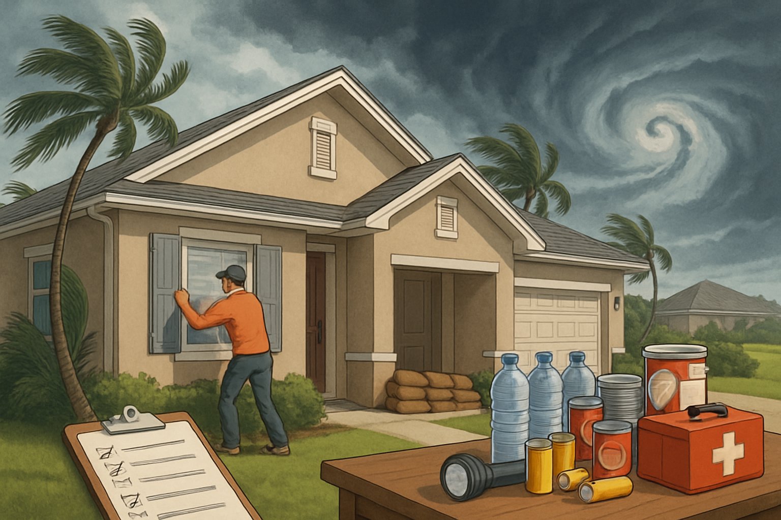 A homeowner securing storm shutters and placing sandbags around a Florida home with palm trees and dark storm clouds approaching.