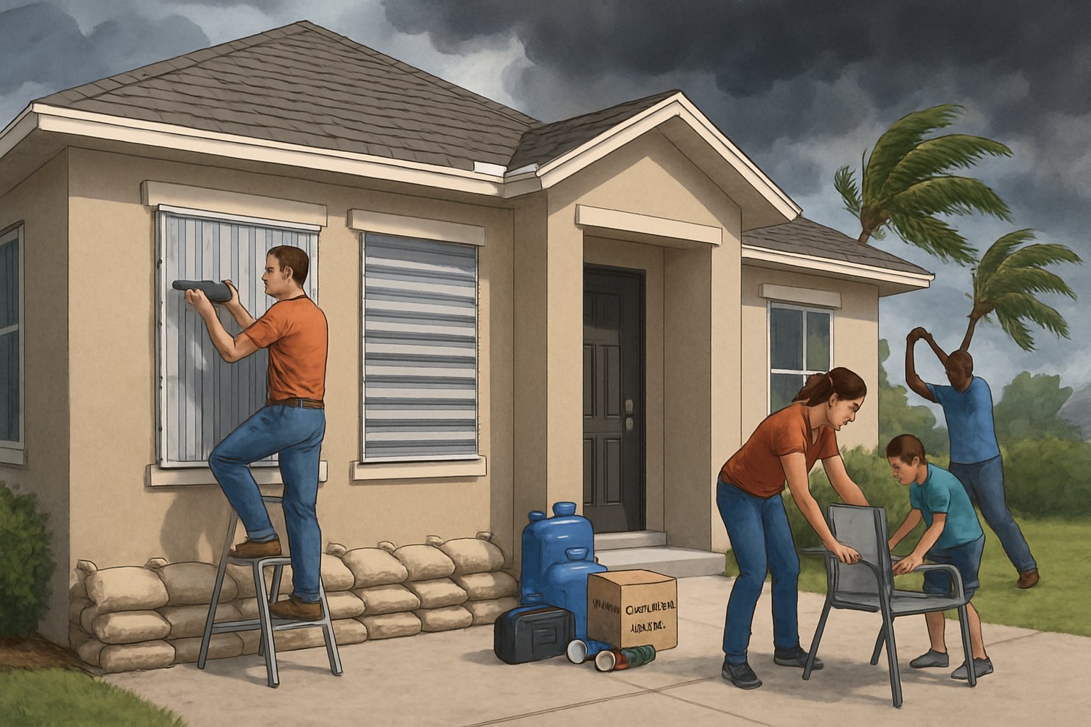 A family preparing their Florida home for a hurricane by installing storm shutters, stacking sandbags, and securing outdoor furniture as dark storm clouds approach.