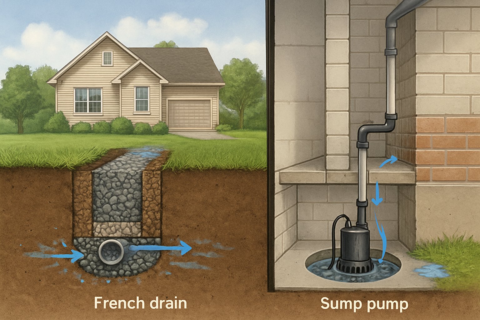 Cross-sectional view comparing a French drain around a house foundation and a sump pump system in a basement, showing water drainage in a Missouri home.