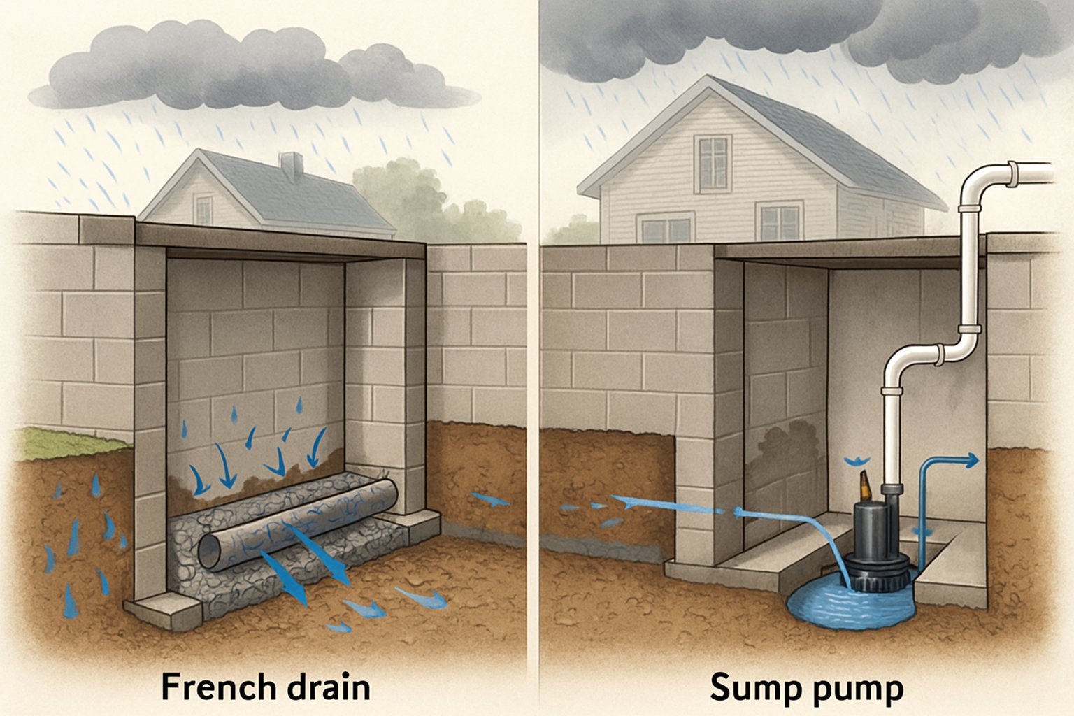 Cross-sectional view of a basement showing water issues in Missouri, with a French drain system on one side directing water away from the foundation, and a sump pump system on the other side pumping water out of a sump pit.