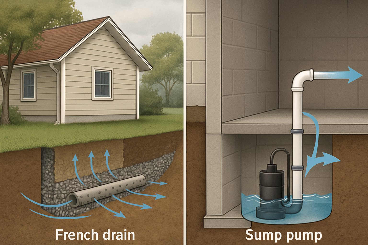 Cross-sectional view comparing a French drain around a house foundation and a sump pump inside a basement, illustrating water drainage systems in a Missouri home.