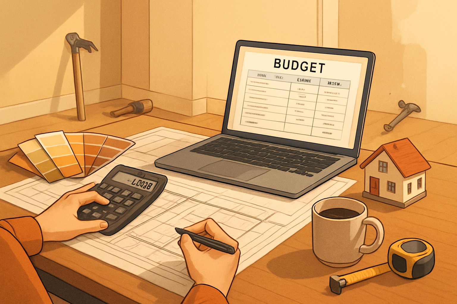 A person at a desk reviewing blueprints and a budget spreadsheet with renovation tools and a partially renovated room in the background.