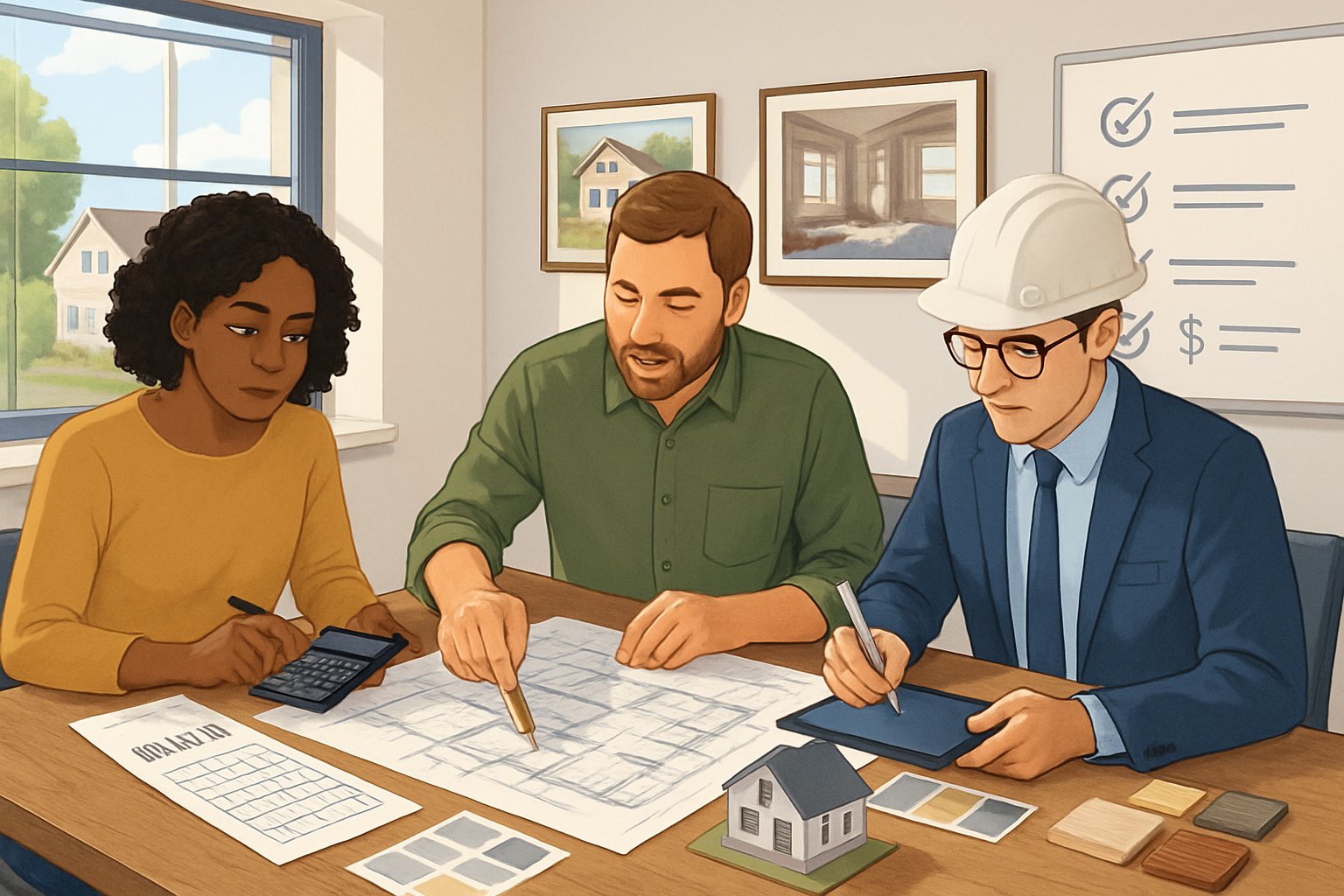 Three people discussing home renovation plans around a table with blueprints, budget sheets, and models in a bright office.