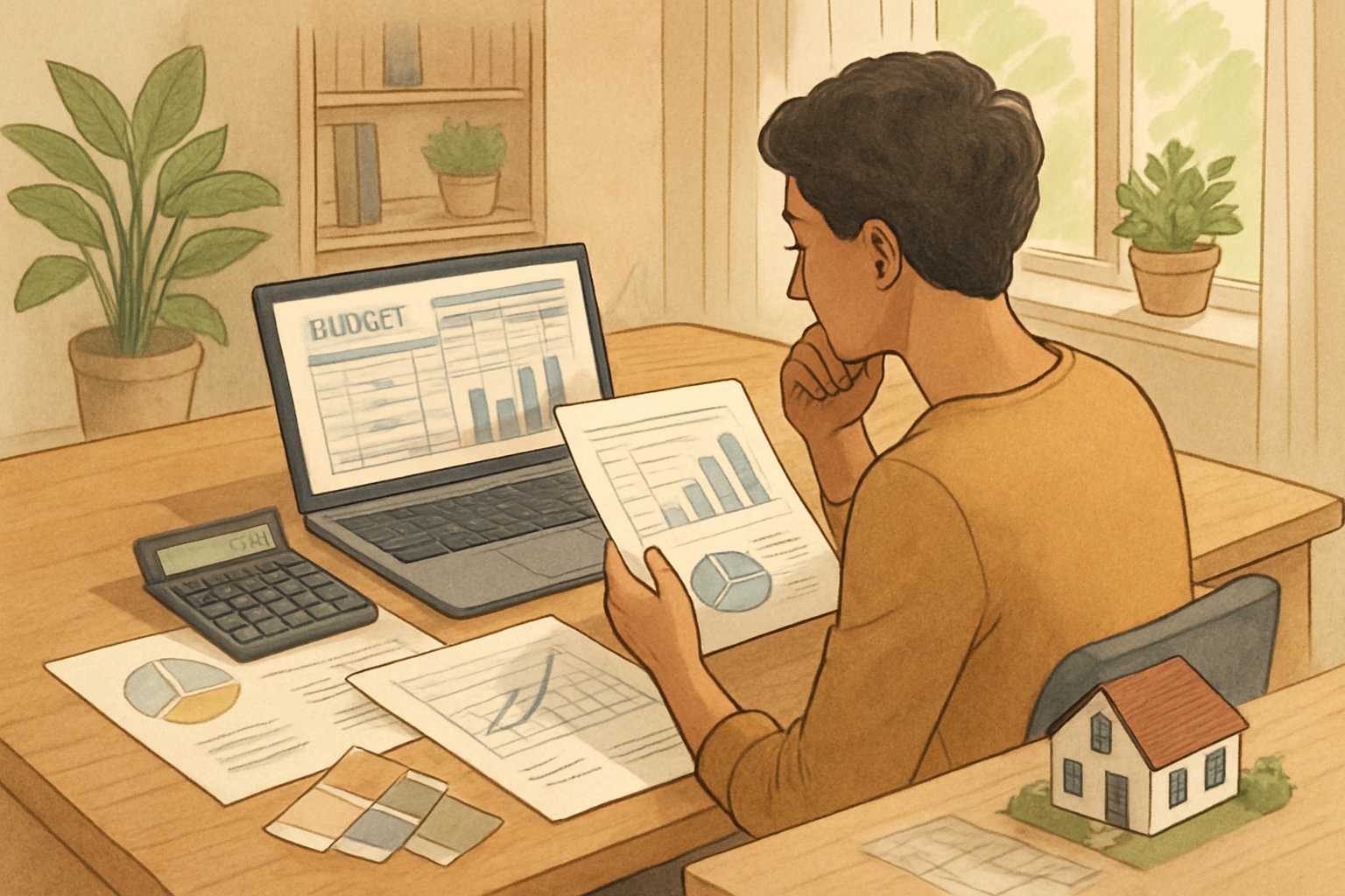 A person at a desk reviewing financial documents and budget spreadsheets with home renovation materials nearby.