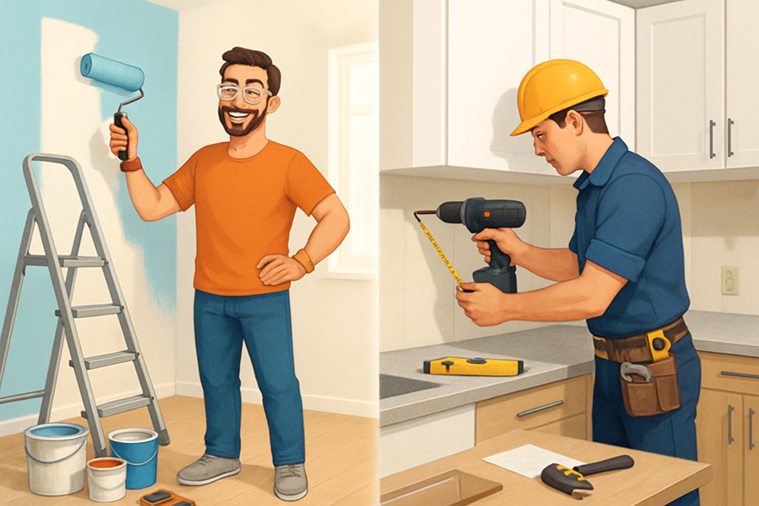 A split scene showing a homeowner painting a wall on one side and a contractor installing kitchen cabinets on the other side, illustrating the choice between DIY and hiring a professional for renovation.
