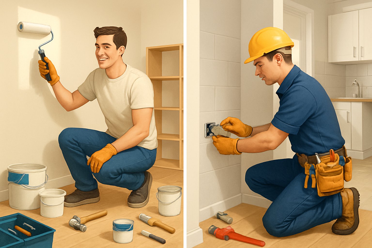 A home renovation scene showing a homeowner doing a DIY painting project on one side and a professional contractor working on electrical or plumbing tasks on the other side inside a partially renovated house.
