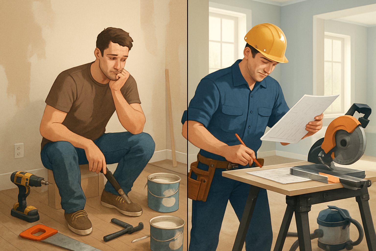 A split scene showing a homeowner doing a DIY renovation on one side and a professional contractor working on the other side inside a house under renovation.