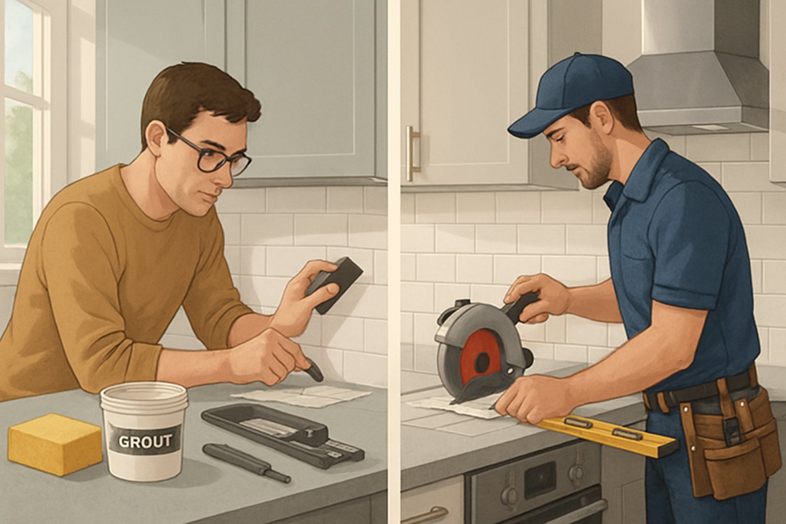 A kitchen scene showing a homeowner repairing a tiled backsplash on one side and a professional worker fixing the backsplash on the other side.