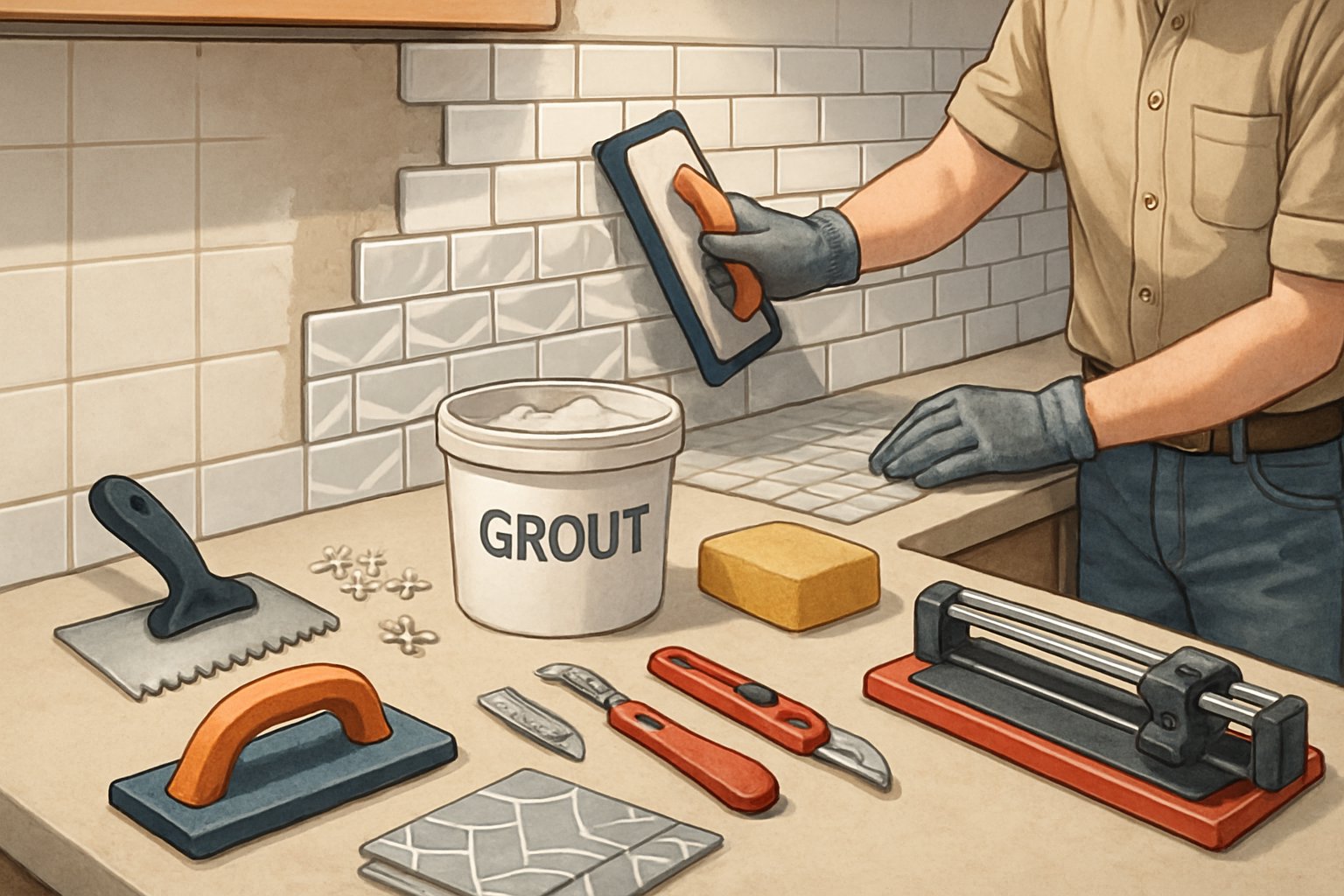A kitchen countertop with tools and materials for backsplash repair, a partially repaired backsplash on the wall, and a person applying grout to tiles.