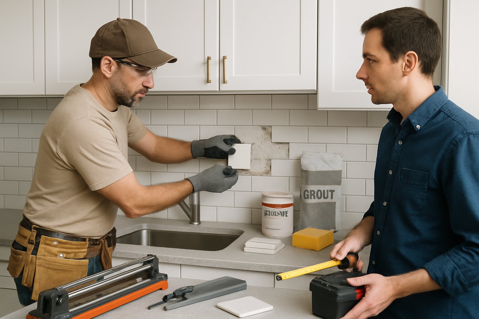 A person repairing a kitchen backsplash while another person watches, surrounded by tools and a modern kitchen setting.