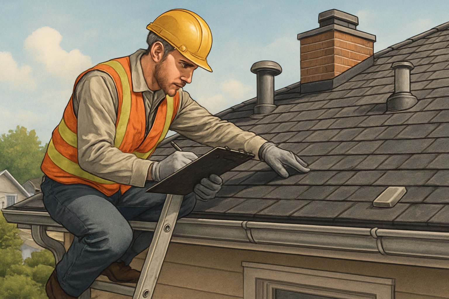 An inspector wearing safety gear examines a residential roof using a ladder and clipboard during a roof inspection.