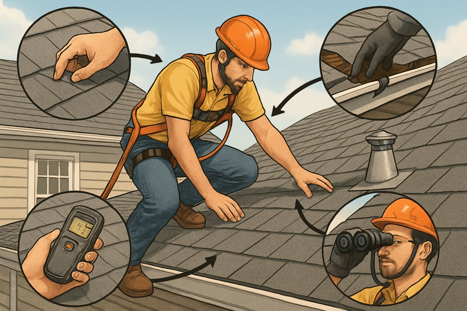 A roof inspector wearing safety gear examines a house roof with close-up views of inspecting shingles, gutters, flashing, and using tools.
